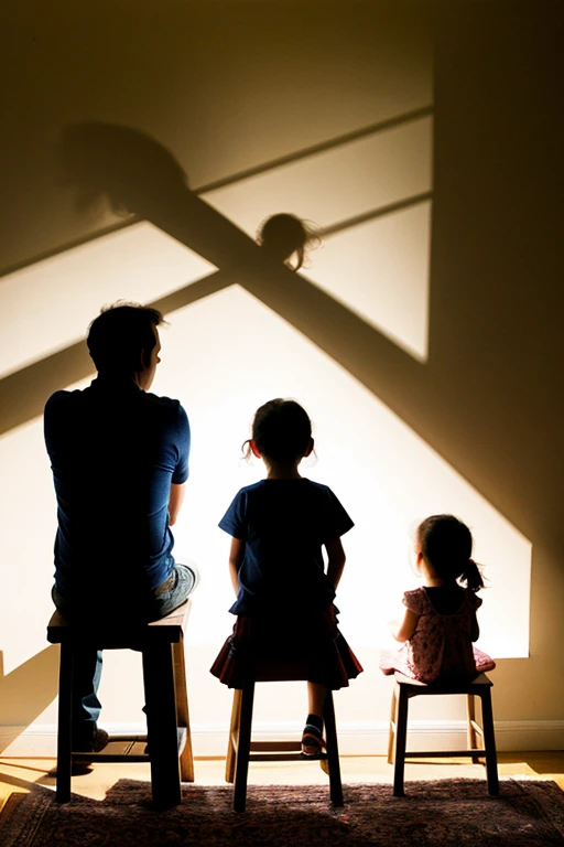 Shadow silhouette drawing of 2 little girls and their grandfather sitting with their backs to each other