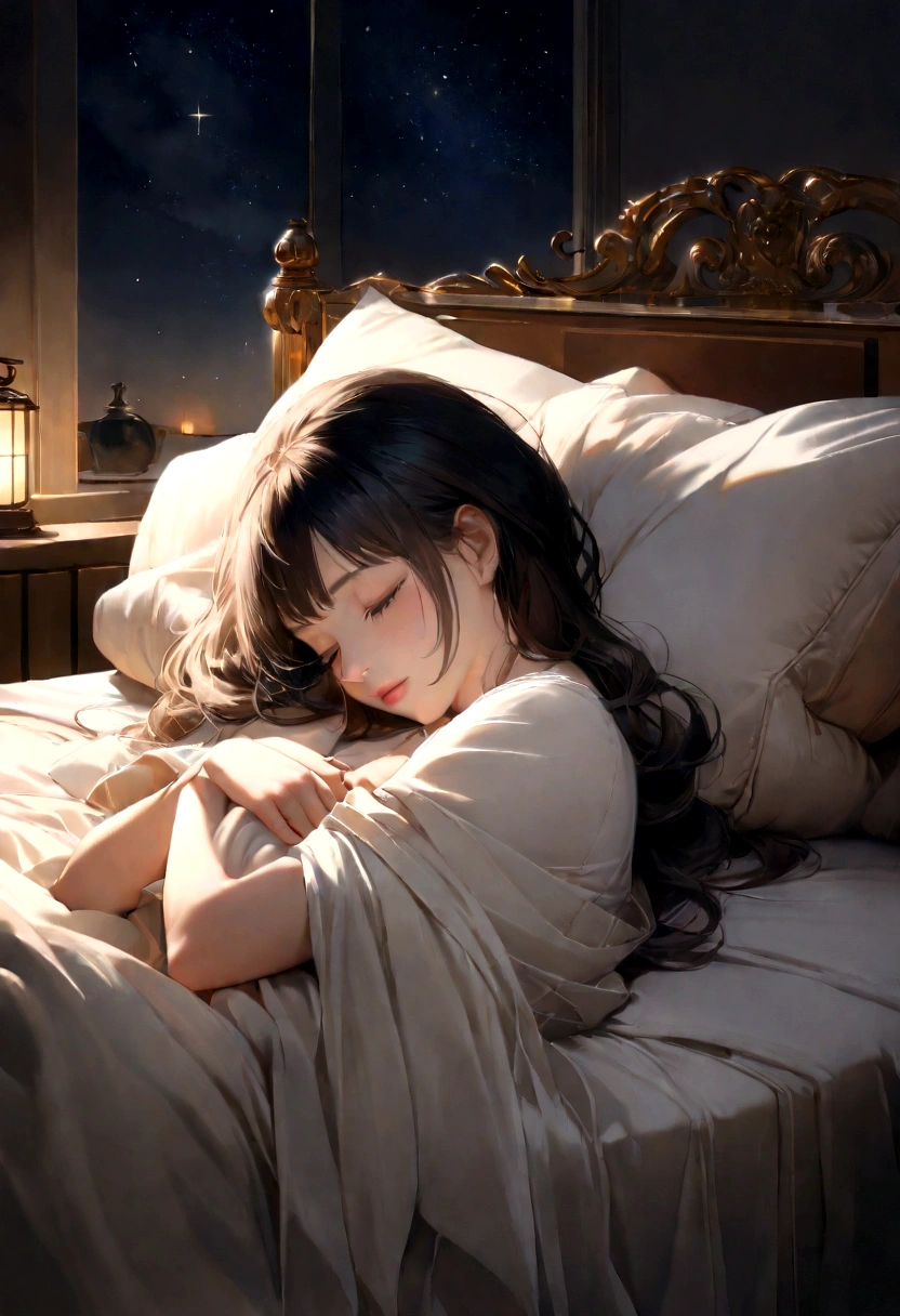 (Highest quality, masterpiece, Ultra-realistic), Beautiful and delicate15Year-old girl portrait, With a calm and gentle expression, The background is the bedroom at home.。While listening to music with headphones、Sleeping。The room is dimly lit、The light from the bedside lamp is faint。