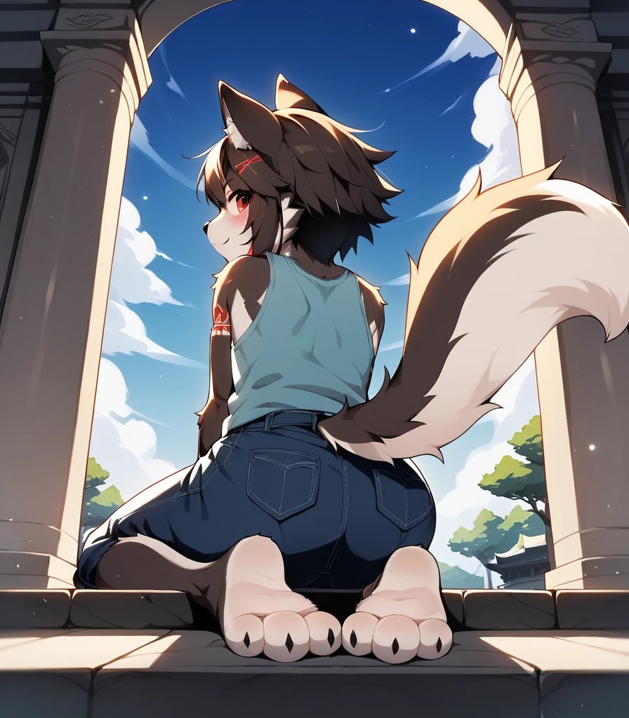 score_9, score_8_up, score_7_up, score_6_up, source_anime, rating_safe, furry female, solo, dagasi_style,, furry, temple, wolf boy, sitting, low view, from behind, soles at spectator, showing soles, grinning, paws, 3 toes, barefoot, paws