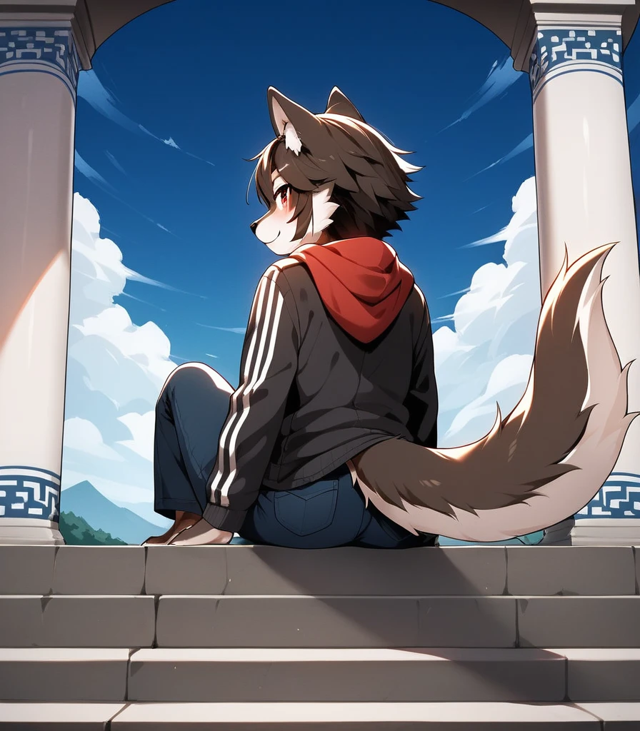 score_9, score_8_up, score_7_up, score_6_up, source_anime, rating_safe, furry female, solo, dagasi_style,, furry, temple, wolf boy, sitting, low view, from behind, soles at spectator, showing soles, grinning, paws, 3 toes, barefoot, paws