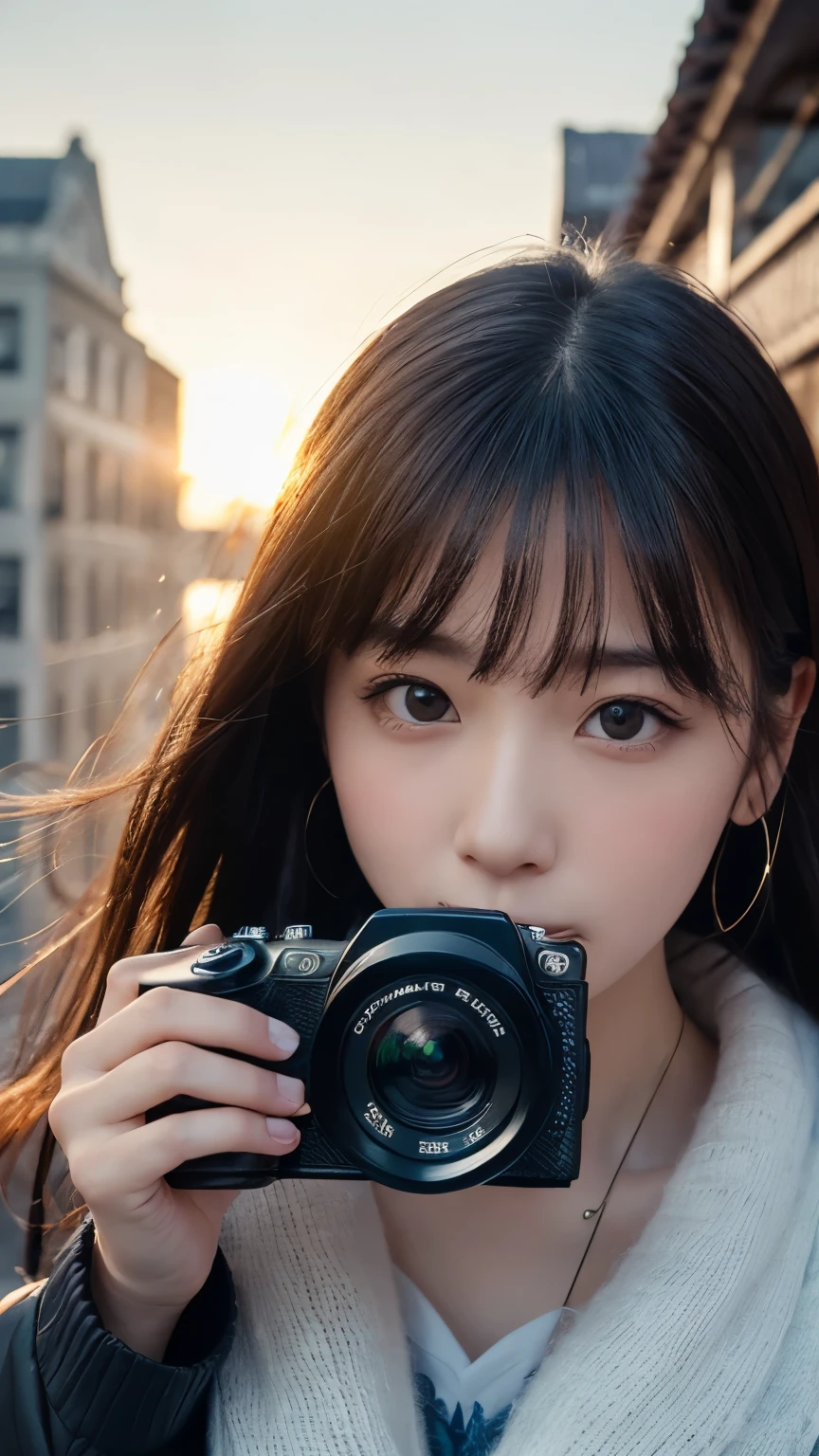 Close-up of a woman holding a camera。In the eyes of a woman、A beautiful view is reflected。The camera has『Niwon』The brand name is written、Elaborately drawn down to the smallest detail。Soft light shines into the background、There is a fantastic atmosphere in the air。