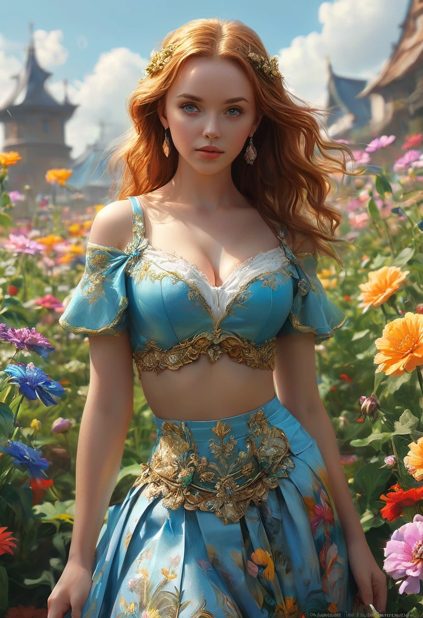 A beautiful full-bodied women with an unnaturally thin-waist. large-round breasts-with sibllime-cleavage. pleated Mini skirt, tight-tanktop, midriff. In a field of millions of detailed flowers. Official Art, Award Winning Digital Painting, Digital Illustration, Extreme Detail, 4k, Ultra Hd, Rococo, Polished, Intricate, Realistic Fantasy Art, Sharp Focus, Concept Art, Art By Wlop, Artgerm, (2d Vector Illustration) Light, Airy, Mash up of Scarlett Johanson, Molly Quinn, Alisonn Brie.