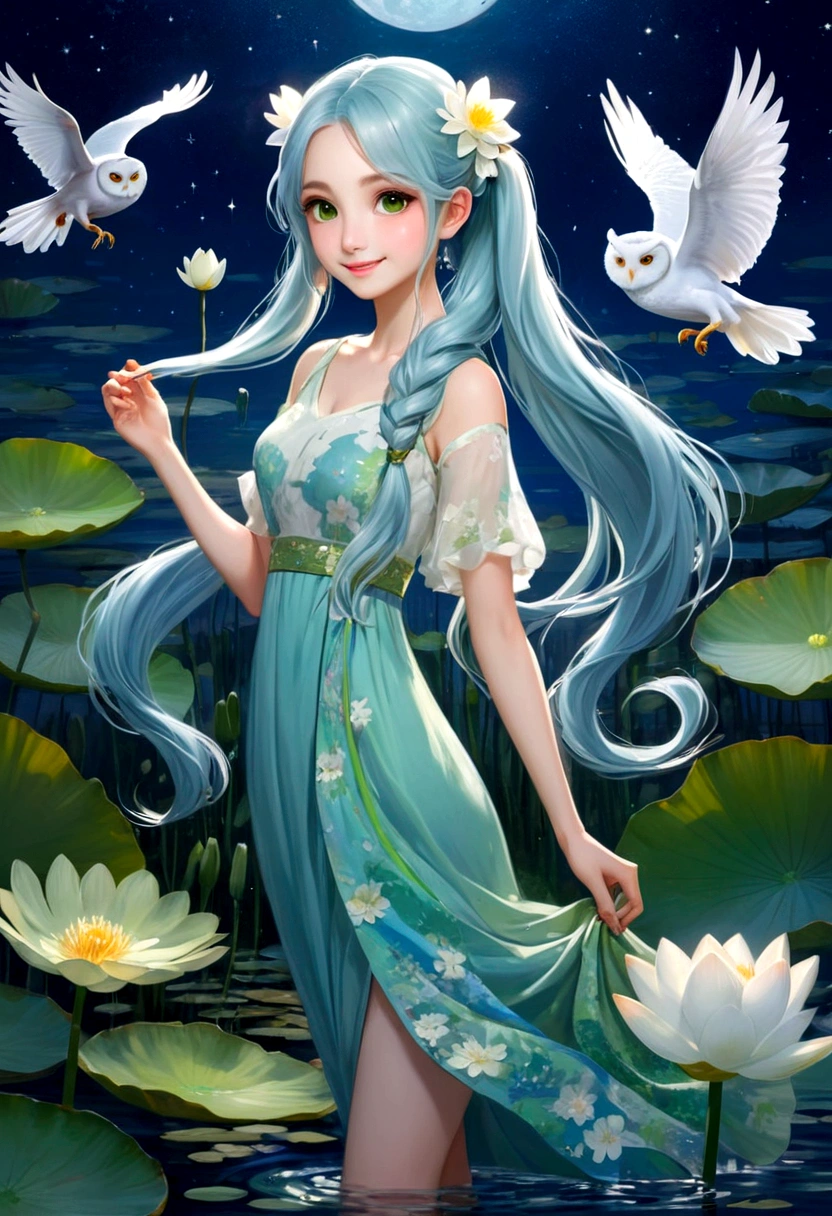 Light blue long hair，beautiful girl with twin tails、water．Vivid water lilies(many, Impressionism, Oil)、Green dress、Bright smile、masterpiece、Moonlit Night、shooting star、milky way、A white owl is flying in the sky、Shining scallops are dancing