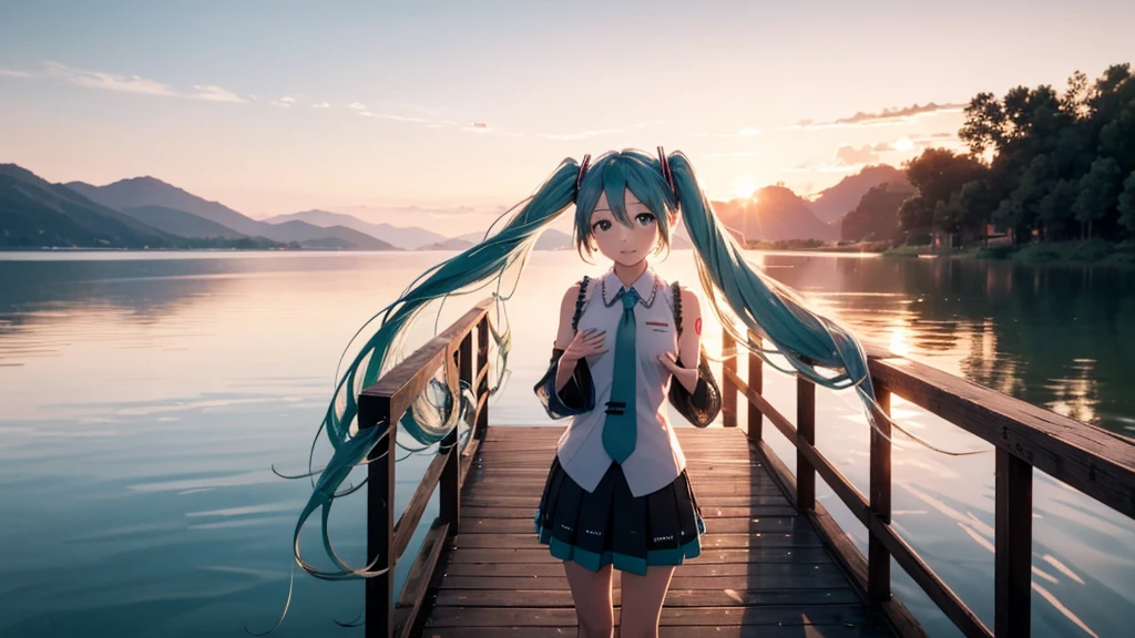 Hatsune Miku in the sunset、Standing on a wooden bridge beside a quiet lake。She is close to the camera、Gazing into the distance with a calm expression。Her hair flutters in the wind、In the background is a calm lake and a sunset sky.。