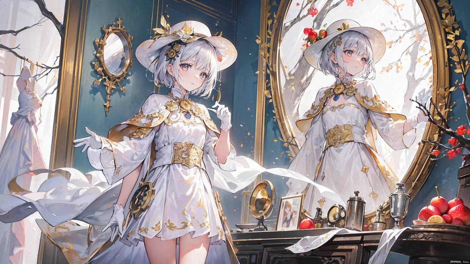 (Super detailed)),((illustration)),((masterpiece)),(((need))),((fine、Highest quality CG Unity 8K wallpapers,masterpiece),((4k,masterpiece,best quality)),Girl with short silver hair,Golden pupils,flat chest,Silver sun hat,White gloves,Wearing a white coat,Black and gold western dress,Black and gold boots,A large tree with many branches,Branches laden with fruit,Look in the mirror,Touch the mirror with your hand,A world made of gears