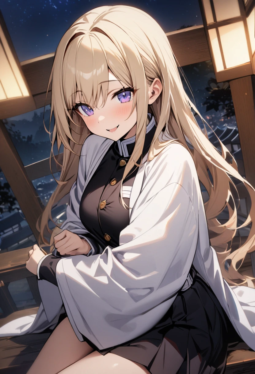 One girl, fair skin, smiling, blonde, long hair, tanzanite eyes, demon slayer uniform, long sleeves, skirt, white haori, night sky, masterpiece, best quality