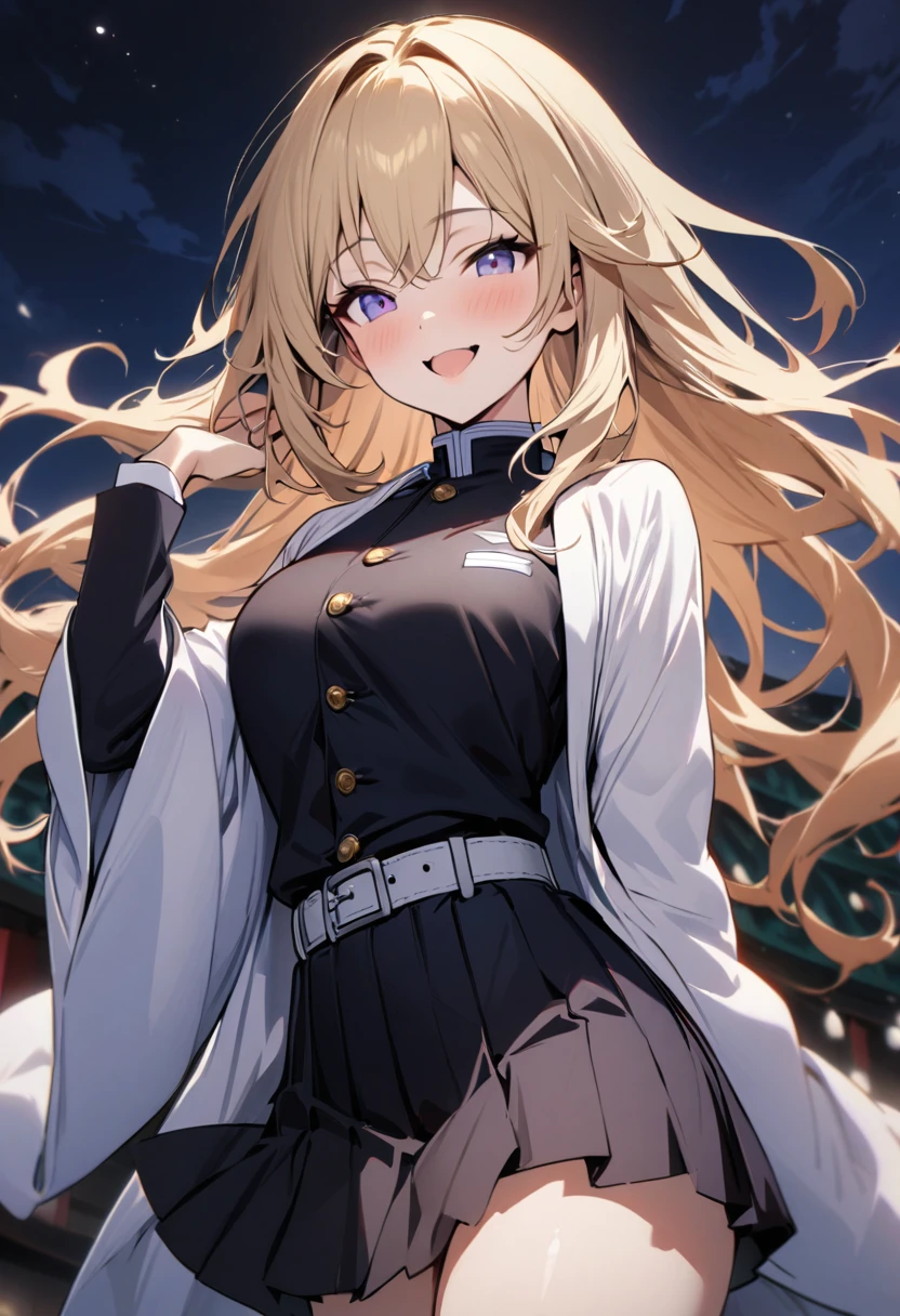 One girl, fair skin, smiling, blonde, long hair, tanzanite eyes, demon slayer uniform, long sleeves, skirt, white haori, night sky, masterpiece, best quality