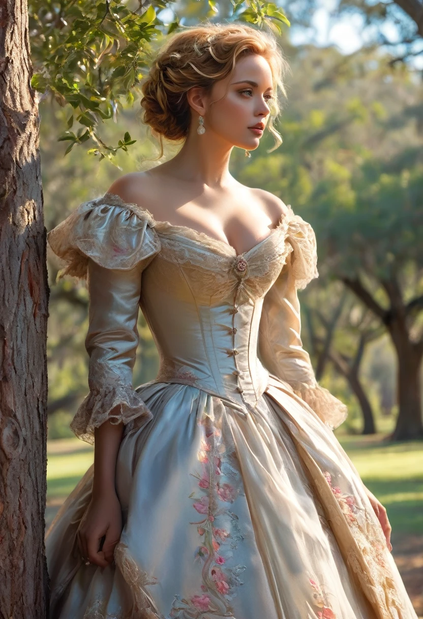 A colored pencil sketch of A beautiful Aristacrat woman with large elegant, hawk-like-nose, who embodies old fashioned class, sophistication, elgance as well as wholesome, natural beauty. curvy, thin-waist, wide-hips, swaying-hips. . Oppulent historically accurate victorian dress. mash up of Laura Vandervoort, Scarlett Johanson She is litting seductively under a live oak tree.