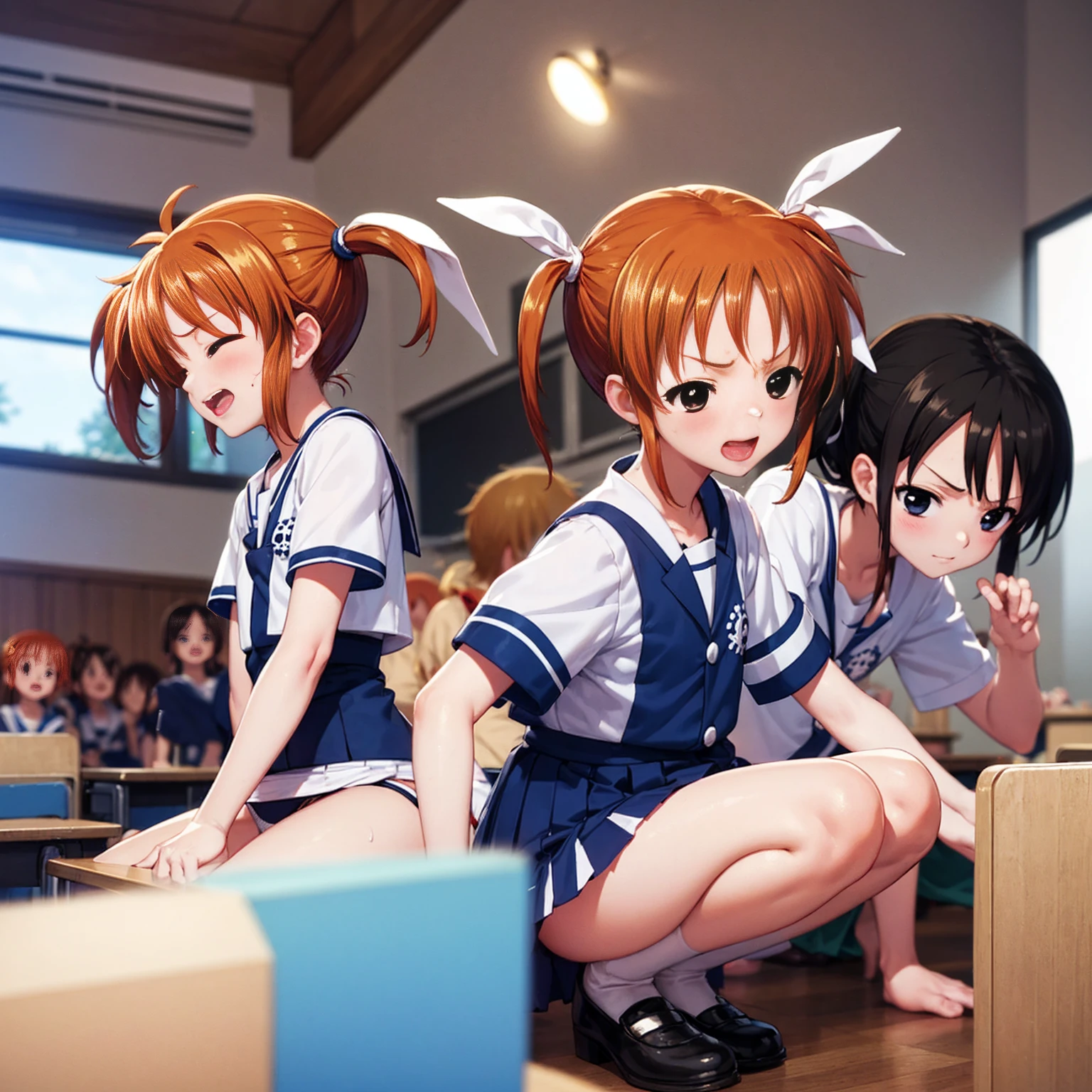 Highest quality,Highest quality,One girl,,Mouth closed,orgasm,blush, Sweat,Nanoha Takamachi,Takamati Nanoha,Twin tails,Hair Ribbon,((One Piece Uniform:1.3)),classroom、White panties、Squat、Look at this、skirt