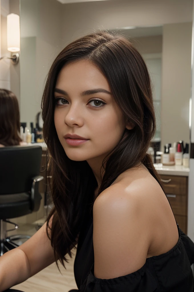 A photorealistic portrait of a 21-year-old Colombian girl with long, flowing dark hair and striking dark eyes. She should have a relaxed, content expression and be illuminated by the soft, flattering lights of a stylish hair salon. The background should depict a modern and chic salon setting with sleek mirrors, hairdressing stations, and shelves displaying hair products. She is seated in a comfortable salon chair, with a professional hairstylist attending to her, perhaps styling her hair in elegant waves or adding subtle highlights. Her demeanor reflects enjoyment and anticipation of the final look. Capture this scene with a high-resolution photograph using an 85mm lens to capture the details of the salon environment and her grooming experience.