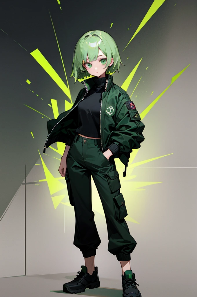 ((Masterpiece, Highest quality)), Detailed face, Black and white,, a girl in a black jacket and green Cargo pants standing, wearing Cargo pants, a green colored bomber jacket, Cargo pants , wearing dark green bomber jacket, black bomber jacket, black rugged clothing, cropped shirt with jacket, black pants, wearing a turtleneck and jacket, a girl wearing a black jacket, bomber jacket, black and green, white and black color scheme ((modern clothes)) Looking at the viewer, looking at the camera,