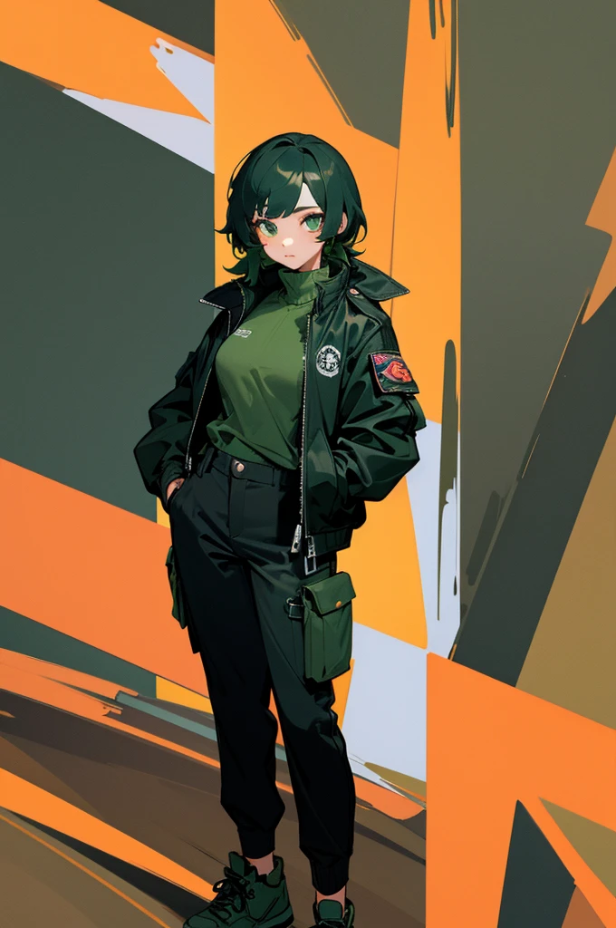 ((Masterpiece, Highest quality)), Detailed face, Black and white,, a girl in a black jacket and green Cargo pants standing, wearing Cargo pants, a green colored bomber jacket, Cargo pants , wearing dark green bomber jacket, black bomber jacket, black rugged clothing, cropped shirt with jacket, black pants, wearing a turtleneck and jacket, a girl wearing a black jacket, bomber jacket, black and green, white and black color scheme ((modern clothes)) Looking at the viewer, looking at the camera,