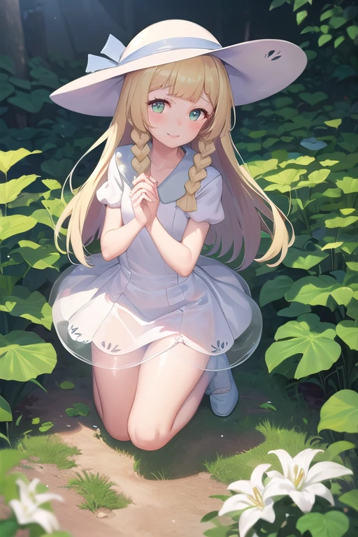 1 girl, masterpiece, top quality, lillie (pokemon), lillie, dress, green eyes, blonde hair, long hair, white dress, blush, white hat, big hat, looking at viewer, 10 years old, braids, twin braids, blonde, Full body image, outdoors, nature, sky, cute, happy, nice smile, young, bright sunlight, lily flower, have flowers, white lily, the skirt is transparent, panties are visible, (masterpiece:1.2), best quality, high resolution, unity 8k wallpaper, (illustration:0.8), (beautiful detailed eyes:1.6), extremely detailed face, perfect lighting, extremely detailed CG, (perfect hands, perfect anatomy),