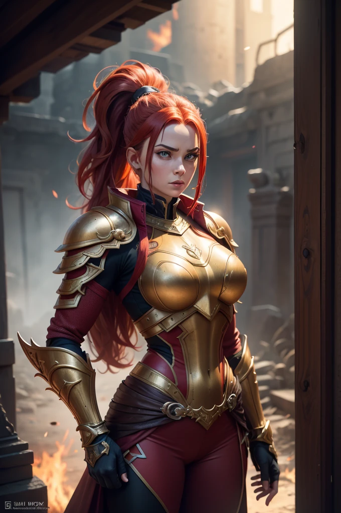 A muscular female warrior with red hair in a high ponytail, wearing a red and gold armored outfit. Her costume includes a form-fitting top and large shoulder guards, with a dark cloak around her neck. The background is dark with orange flames, adding a dramatic effect. JoeMAD2023,1girl, Red_Monica_v2, large breasts, action pose, 8k, uhd, best quality, cartoon, armor, trending on artstation, vibrant colors, epic fantasy, comic style,red hair, ancient city, toned body, abs,