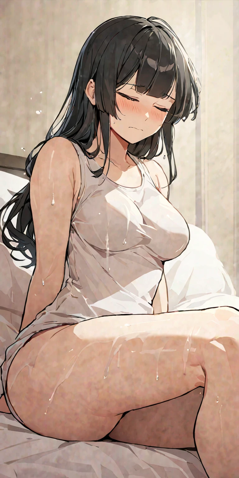 masterpiece,best quality, solo, eda, bangs, black hair, upper body, shy expression, medium breast, hot, thicc, she is in the bed, she was sitting , she was posing, closed mouth, she is horny, she wants to squirt, she is blushing , she has bug thighs, shebis wearing sando, she has big thighs, she is squirting, closed eyes