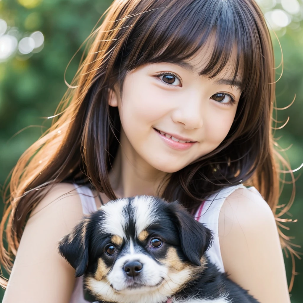 Create an anime-style portrait of a Japanese girl。Her hair is short and dark brown。The girl has a gentle smile。She looks loving、Holding a cute dog、It's a scene that evokes warmth and camaraderie.。Background、It should be a blend of warm and cool colors that complement the overall composition.。She is wearing a light blue dress with intricate details.、Gives an elegant impression。The overall atmosphere of the piece is bright and attractive.、Capture the girl's kind and friendly personality。