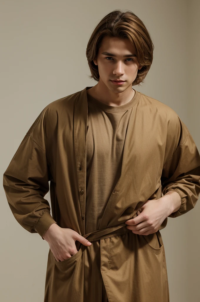 A light brown hair man with 26 years old with pale skin and a mesomorph bodyshape with hands on waist; large cool clothes; 2000's clothes style