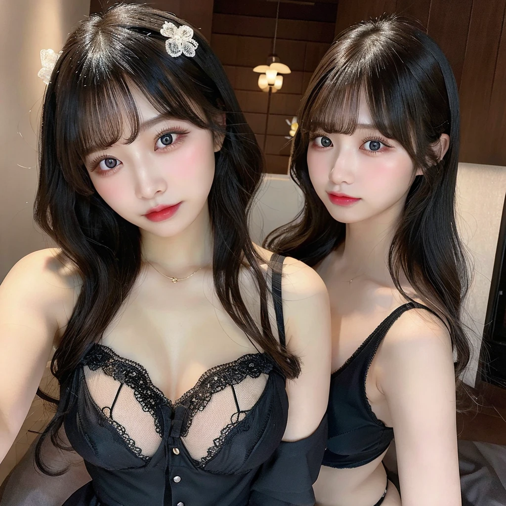(NSFW),masterpiece、(Waistline、Big Ass)、(Black Lingerie、garter belt、 )、(Double eyelids、Tear bags、Long eyelashes、Big, round eyes),bangs、Beautiful 20 year old woman、a japanese beautihul girl、kolian makeup,(black long hair),highest quality, figure, Very detailed,Natural color lip,