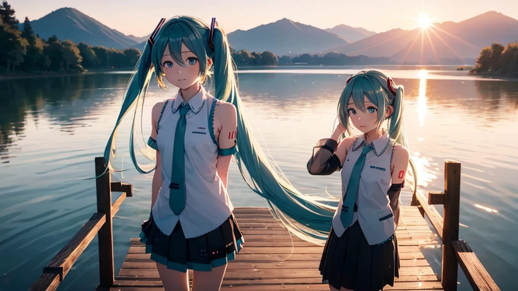 Hatsune Miku in the sunset、Standing on a wooden bridge beside a quiet lake。She is close to the camera、Gazing into the distance with a calm expression。Her hair flutters in the wind、In the background is a calm lake and a sunset sky.。