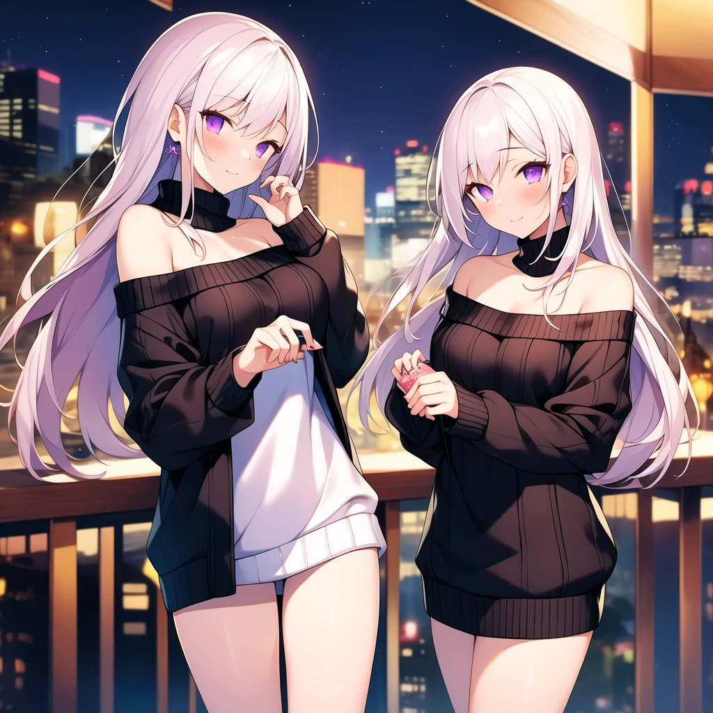 ((Best quality)), ((masterpiece)), (detailed), beautiful sweet girl, night, slender legs, long off-shoulder sweater, albino, Violet eyes, detailed hands View from the girl's back