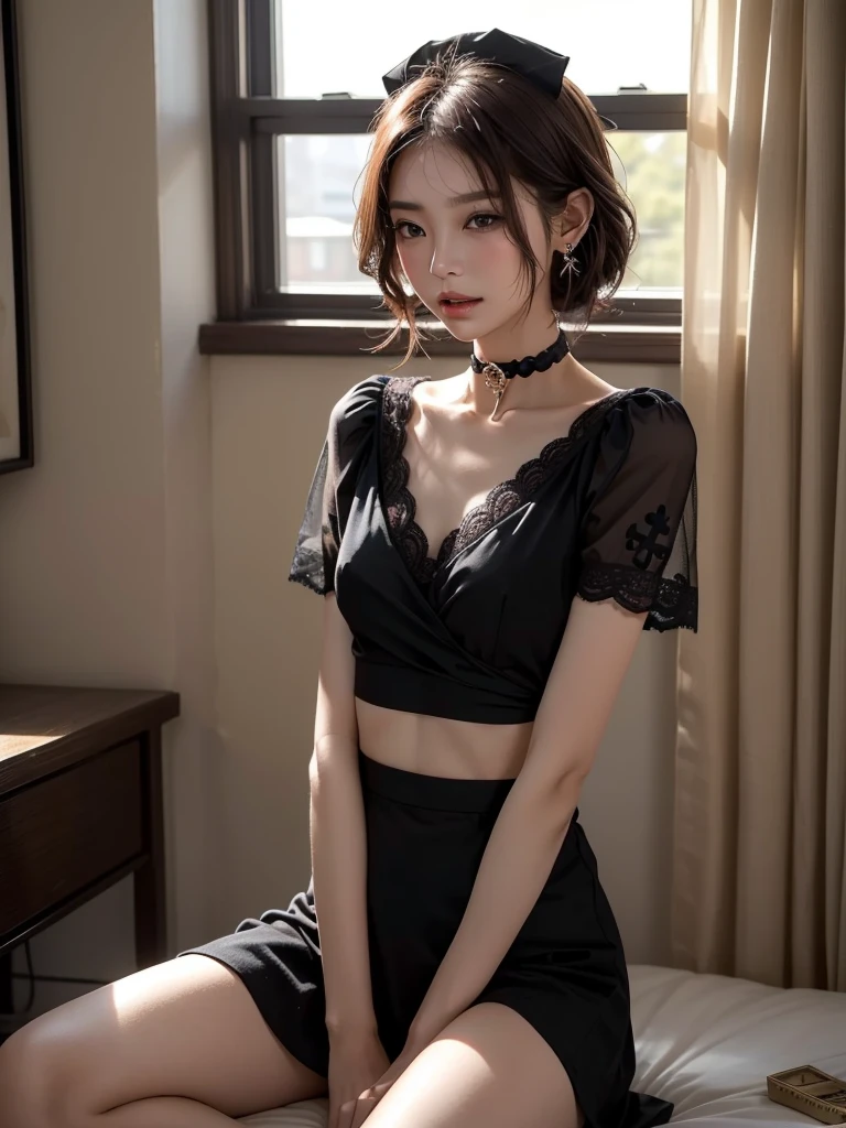 (black theme:1.5), (all black:1.5), ((gothic ta, black nurse costume):1.3), (black (nurse cap, sling) with cross-symbol print on head:1.5), (fusion of (short sleeve black collared-shirt with double-breasted) and black mini wrap-skirt:1.4), (collarbone:1.4), (double-breasted:1.4), (black choker with cross:1.3), ((intricately embroidered black lace, black ruffle trim):1.3), (black platform high boots:1.2),((nipple)),((Highest quality)), ((masterpiece)), (detailed), ((in the hospital )),長い髪と白いトップを持つアラフェアジア人woman, 美しい韓国人woman, 美しい若い韓国人woman, Young and adorable Korean face, ゴージャスな若い韓国人woman, Korean Girls, Girl cute beautiful face, 韓国のwomanアイドルの肖像, Young and pretty Asian face, Cute natural anime face,Asian pretty face, ((Highest quality)),(((nipple))),(detailed), Perfect Face,((One girl)), (scrawny:weight1.0〜2.5 )iris, Elevation, space, (Natural Light), (tear bag:1.2)Dramatic lighting, Chiaroscuro, Emotional depth,woman,((nude)),((show off nipple)),((small breasts)), ((flat chest)),naked,slender,( a short bob),delicate,Small breasts,((Small breasts)),the body is slender,Beauty,Beauty,4K quality,Young face,Big eyes,Brown eyes,Perfect Face, (18years old),breasts are very small,Model Body Type,Cute Face,Pink nipples,Symmetrical eyes,Glowing eyes,Natural smile,((Always show your boobs)), ((flat chest)), ((Gaunt)),beautiful,((a short bob)), ((half body)), topless,modelshoot style,((intricate choker necklace)), (embarrassed,blush:1.3),,(steam:0.8),(wet:0.8),(sweat:0.8),(trembling:1.3),(parted lips:1.4),(harf open eyes:1.6),(feeling weak:1.5), (lips),(intricate earrings),((nipple)),((woman posing for a photo)),(Dainty facial structure:1.2)