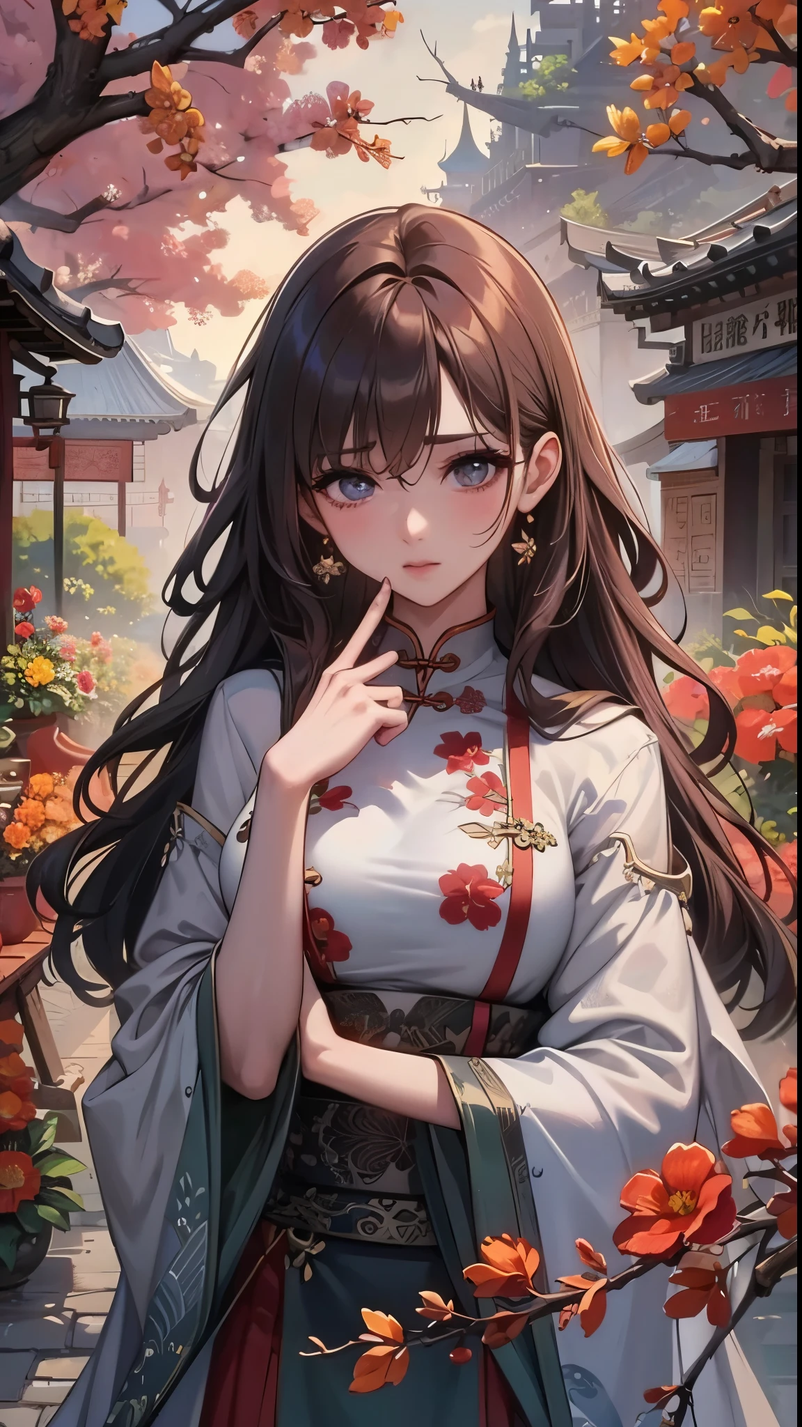 masterpiece,Extremely detailed ofCG unified 8k wallpaper,1 girl, beauty of, Actual, Blur of, Blur of_background, Blur of_prospect, branch, Brown_longhair, 梅flower, depth_of_site, earrings, flower, jewelry, nose, Actual, Alone of,Chinese clothes,Finger hidden, weapon concealment, only wear
