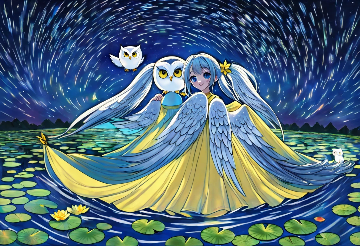 Light blue long hair，beautiful girl with twin tails、water．Vivid water lilies(many, Impressionism, Oil)、Yellow Dress、Bright smile、masterpiece、Moonlit Night、shooting star、milky way、A white owl is flying in the sky