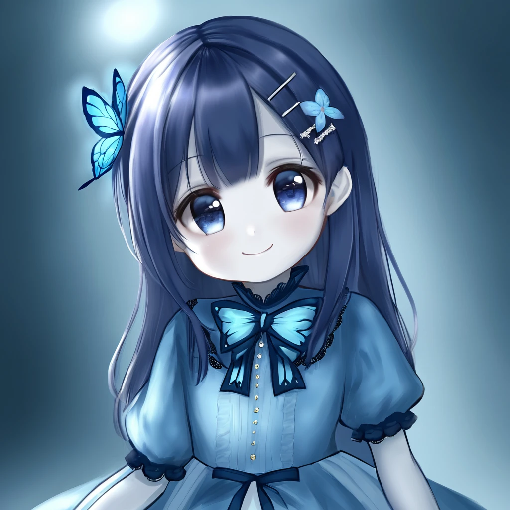 A beautiful with a sweet ta smile, has long dark blue hair, dark blue eyes, wears a blue shirt with a short blue skirt, wears a hair clip, Wearing a blue butterfly-shaped hairpin, smiling very sweetly,Very cute smile, little body, normal white skin, slim