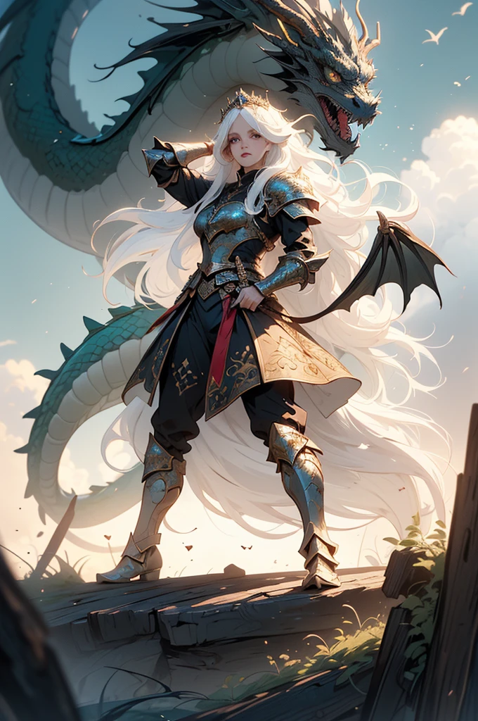 slaying dragons(((masterpiece, best quality, 8k)))Design a layout showcase Fantasy character, (1girl), ((mounted on a dragon)). Beautiful armor, wielding a spear, long white hair, wearing a tiara. ((detailed dragon:1.4)), white dragon, full of intricate details. (masterpiece:1.3), (best quality), 4k, ultra-detailed. (Dynamic pose, heroic stance:1.5), (dramatic lighting, atmospheric lighting). warrior, ((tiara:1.2)), (((long white hair:1.4))), spear, (((full_body_shot:1.5))). In a mystical landscape, high in the sky, with clouds and sunlight.