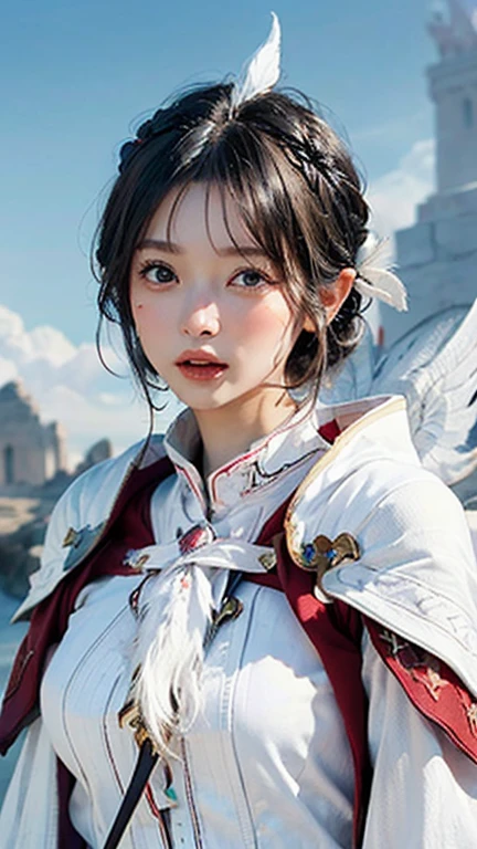 (Highest quality, masterpiece:1.3), shape, ((Beautifully detailed face)), Beautiful and detailed skin, Intricate details, Very detailed, Best image quality in 8K,Fantasy,A world of swords and magic,(ファイナルFantasy,White Mage:1.8), (18-year-old female) (Large Breasts:1.2),Japanese girl,,(Detailed Hair,Bobcut:1.6,Black Hair),Detailed lips,Open your mouth,blush,Embarrassing,(Whole body:1.8), Realistic Face,Realistic Skin,(Vibrant Skin,Moisturized Skin:1.2),Vivid lips,Lip gloss