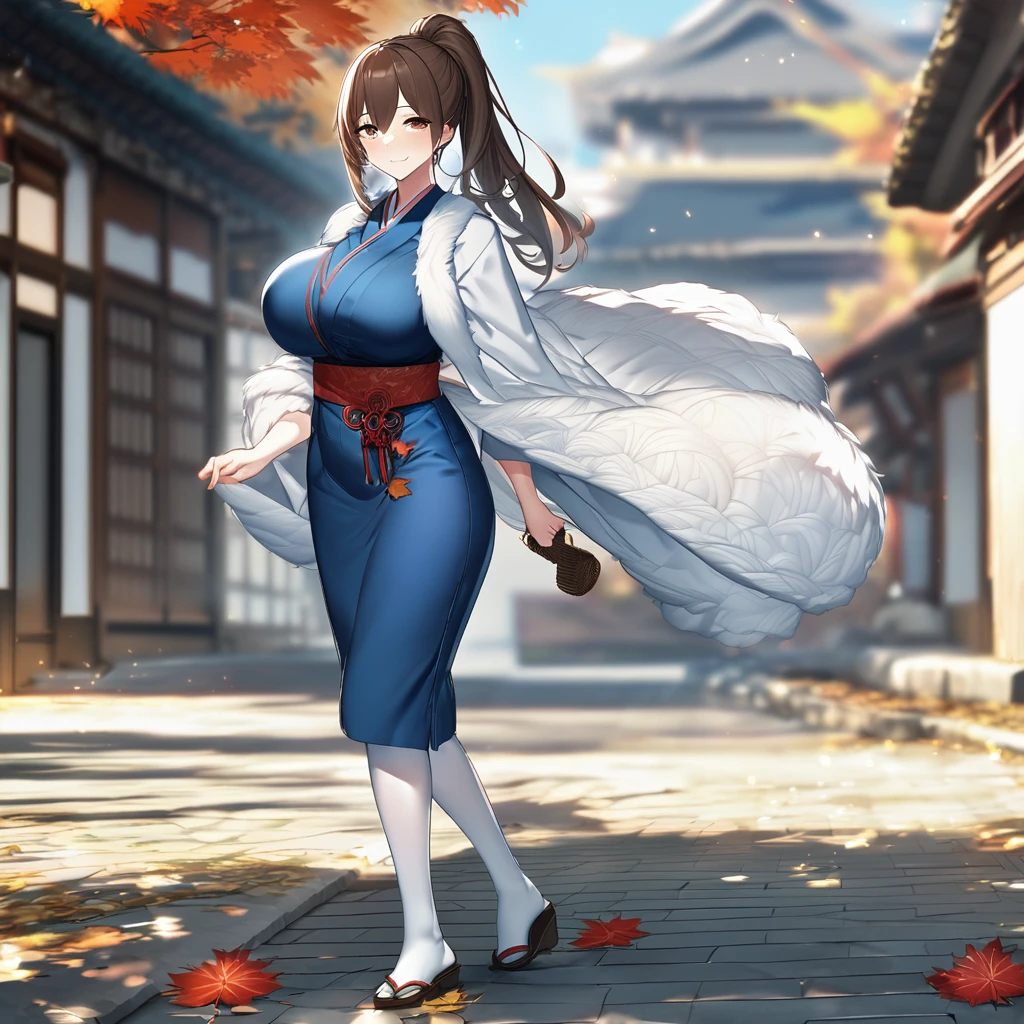 a woman wearing blue yukata with white details, red flowers on the kimono, long white stockings, white fur cape, brown eyes, brown hair, ponytail hair, walking on a sidewalk in autumn weather, big breasts, smiling,UHD , work- prime, precise, anatomically correct, textured skin, super details, high quality, best quality, 8k, high resolution, bokeh effect. (woman alone)