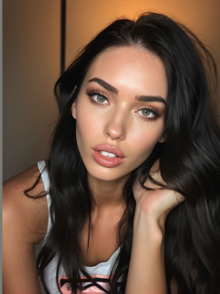 a realistic instagram photo of a [ really beautiful exotic androgynous supermodel 19 year old woman] , with [long, dark hair ] , looks like [Megan FOX] and [Adriana Lima], light makeup, looking [ nomakeup innocent, cute, flushed] , NIKE clothes [light] skin --ar 9:16 --stylize 750 --v 6