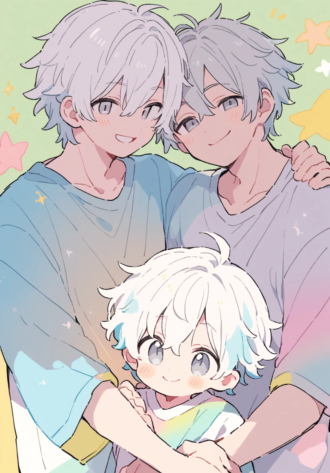 tegaki chibi 2boys pastel colors gradient flat chest father and son hug white hair gray eyes smile