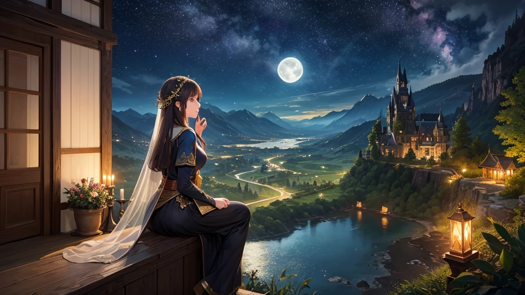 Highest quality、Fantasy、Different world、Lots of light、Landscape painting、nature、forest、night景、night、full moon、Starry Sky、middle ages、Beautiful woman、Sitting、Back view、