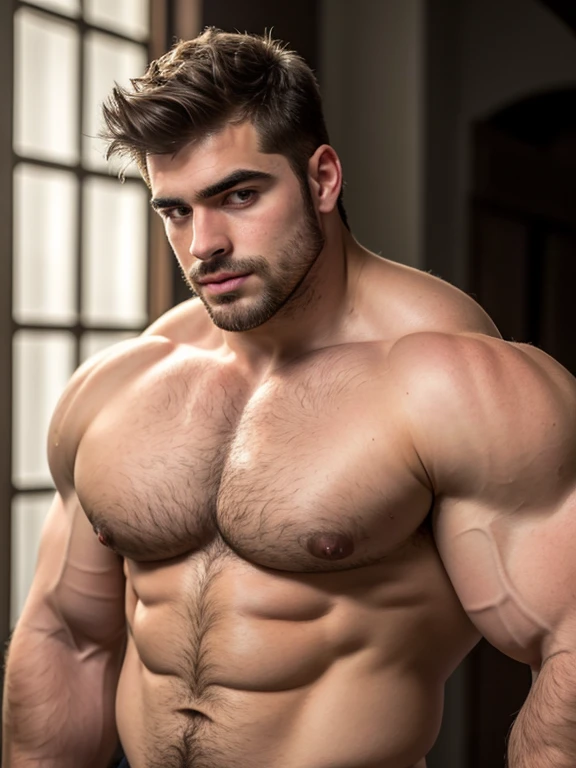 (solo, male), portrait, masculine, square jaw, cleft chin, stubble, handsome, parted lips, (chubby:0.1), beautiful orange eyes, thick eyebrows, eyelashes, skin texture, big muscular pecs, big shoulders, hairy body. (4K, MASTERPIECE, HDR, HD, HIGH QUALITY, Light from behind, ULTRA DETAILED, DETAILED HAIR, FACIL HAIR, MICRO HAIR).