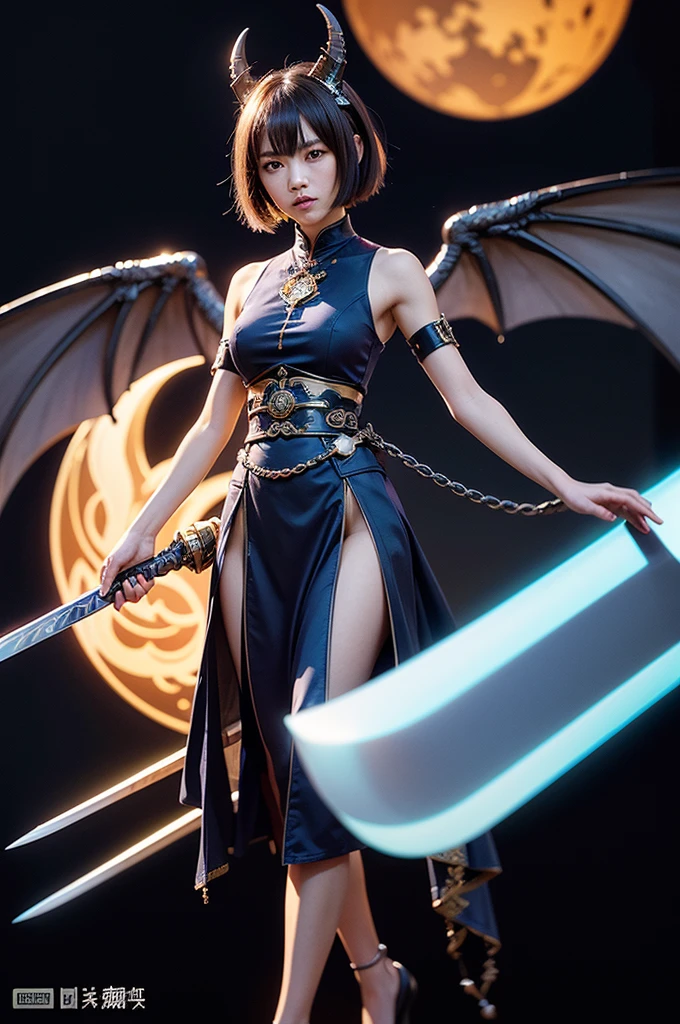 Vertical screen、Full Body、A beautiful Japanese warrior with cosmic beauty stands。She has a strong presence against a vibrant orange background.。Mint green short hair、It has a pair of large horns on its head.。Her expression was serious and、Makes you feel strong-willed。

Her outfit is very distinctive、Featuring metal armor and fantasy-inspired decoration。The armor is a shiny metallic color.、Blue or purple、The black shades are perfectly combined。Shoulders and arms、The legs have complex mechanical parts.、It seems to have improved mobility and defense.。Her left arm is especially heavily armored.、It seems to function as a key element in attack and defense in battle.。

She has big wings spread across her back.、これもBlue or purpleの色合いで描かれています。The wings are designed to resemble a dragon.、It emphasizes her fantasy element.。Also、She has a long tail growing from her waist.、This tail is also made up of mechanical parts.。

In her right hand she holds a huge sword.、This sword is designed to look as if it is one with the machine.。The blade of the sword is sharp、It appears to emit a blue light。The sword hilt has intricate mechanical details.、It shows that it is her powerful weapon.。

Under her costume、I see a white frilly skirt、The design combines the strength of a warrior with cuteness.。Overall、Her designs have a unique style that combines futuristic technology with fantasy elements.。

The background is a simple orange color.、It&#39;s an effective contrast that brings out the strong presence of the characters.。The overall colors are vivid、It&#39;s a very visually striking image.。This image is、A story of a powerful female warrior in a world where the future and fantasy intersect、It&#39;s a very artistic piece.。