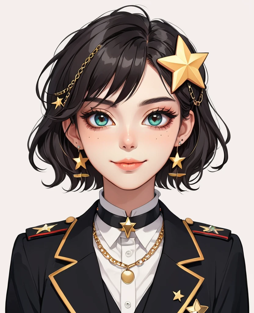 (Digital Illustration，Detailed anime style girl portrait，solitary，symmetry)，(Colorful big eyes，Fashionable and exquisite facial features，Exquisite makeup，sweet smile，Star symbol on cheek，Soulful gaze，)，(Fluffy bread，hairpin)，(Black suit，Epaulette Chain，Cool，)，Clean and simple white background，(((Correct human anatomy)))，belt