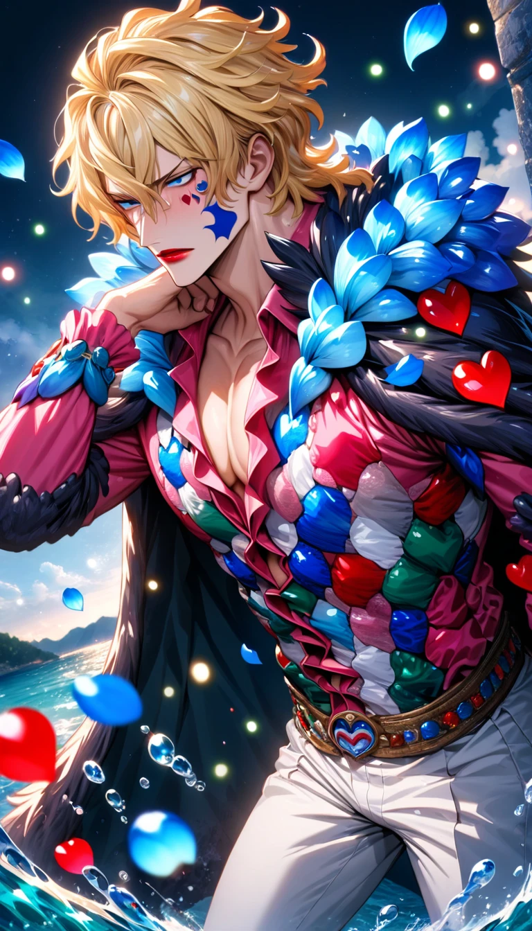 Ultra detailed, highres, absurdres, HDR, master piece, Donquixote Rosinante Corazon, blond hair, expressive blue eyes, red lips, pink shirt with red hearts patters, black fur cape, One Piece, fantasy, blue petals, blue flowers, handsome, sexy man, solo, magical, shining blue fireflies, best quality, extremely detailed face and eyes, water, white pants