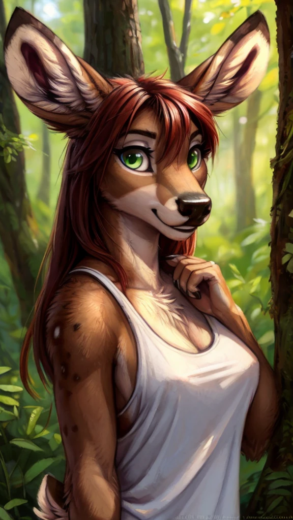 by kenket, by totesfleisch8, (by thebigslick, by silverfox5213:0.8), (by syuro:0.2), by tom_fischbach,, (best quality, masterpiece:1), solo, furry female anthro, green eyes, long hair, reddish brown hair, portrait, fingers, finger claws, looking at viewer, deer, holding a male micro wolf furry in her hands(outdoors dark forest trees blurry blurred background: 1.1), dressed in a white tanktop.