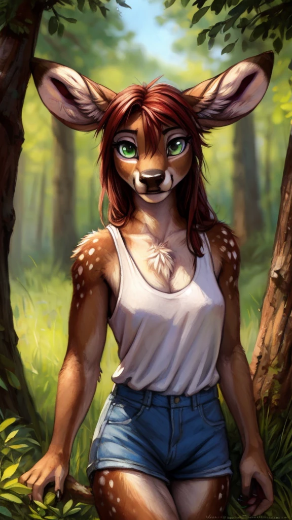 by kenket, by totesfleisch8, (by thebigslick, by silverfox5213:0.8), (by syuro:0.2), by tom_fischbach,, (best quality, masterpiece:1), solo, furry female anthro, green eyes, long hair, reddish brown hair, portrait, fingers, finger claws, looking at viewer, deer, holding a male micro wolf furry in her hands(outdoors dark forest trees blurry blurred background: 1.1), dressed in a white tanktop.