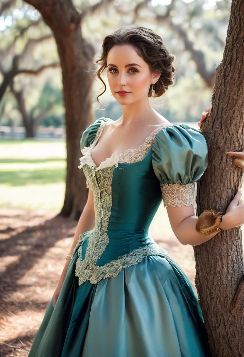 A colored pencil sketch of A beautiful Aristacrat woman with large elegant, hawk-like-nose, who embodies old fashioned class, sophistication, elgance as well as wholesome, natural beauty. curvy, thin-waist, wide-hips, swaying-hips. . Oppulent historically accurate victorian dress. mash up of Melissa Cosgrove, Alison brie She is litting seductively under a live oak tree.
