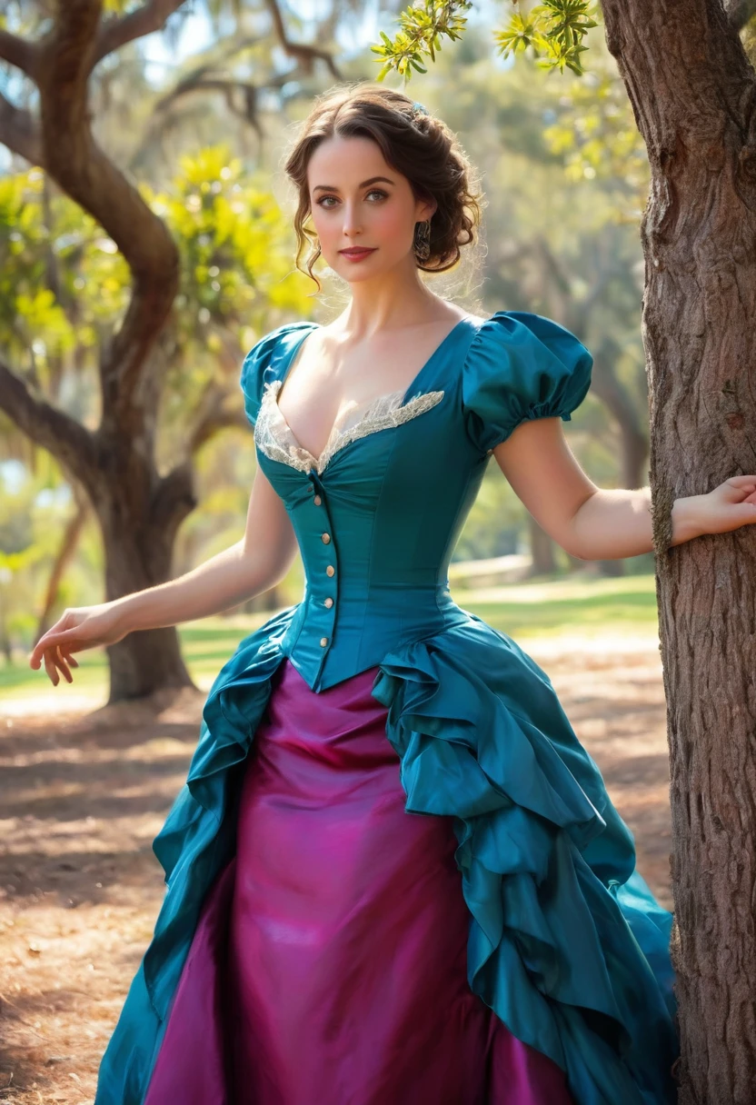 A colored pencil sketch of A beautiful Aristacrat woman with large elegant, hawk-like-nose, who embodies old fashioned class, sophistication, elgance as well as wholesome, natural beauty. curvy, thin-waist, wide-hips, swaying-hips. . Oppulent historically accurate victorian dress. mash up of Melissa Cosgrove, Alison brie She is litting seductively under a live oak tree.