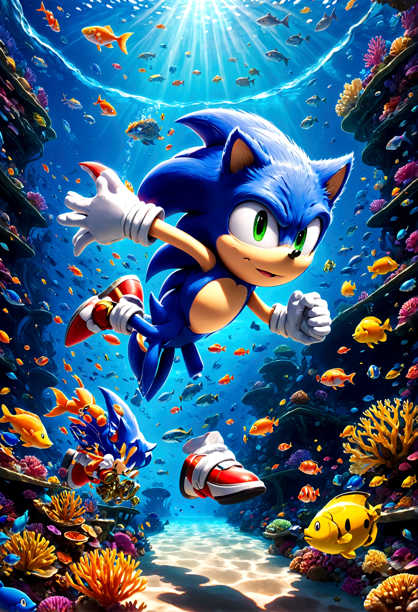 Sonic the Hedgehog, Sonic dons special diving gear and dives into the depths of the ocean world. He glides alongside colorful schools of fish, traverses coral reef mazes, searches for hidden treasures at the bottom of the sea, while avoiding attacks from underwater creatures, solo, Running readiness, Running towards the viewer, Motion Blur, action-lines, speed-lines, anime screenshot, source_anime, dramatic composition, cinematic dynamic action scene, vibrant colors, cinematic lighting, dramatic lighting, best quality, masterpiece, very aesthetic, perfect composition, intricate details, ultra-detailed