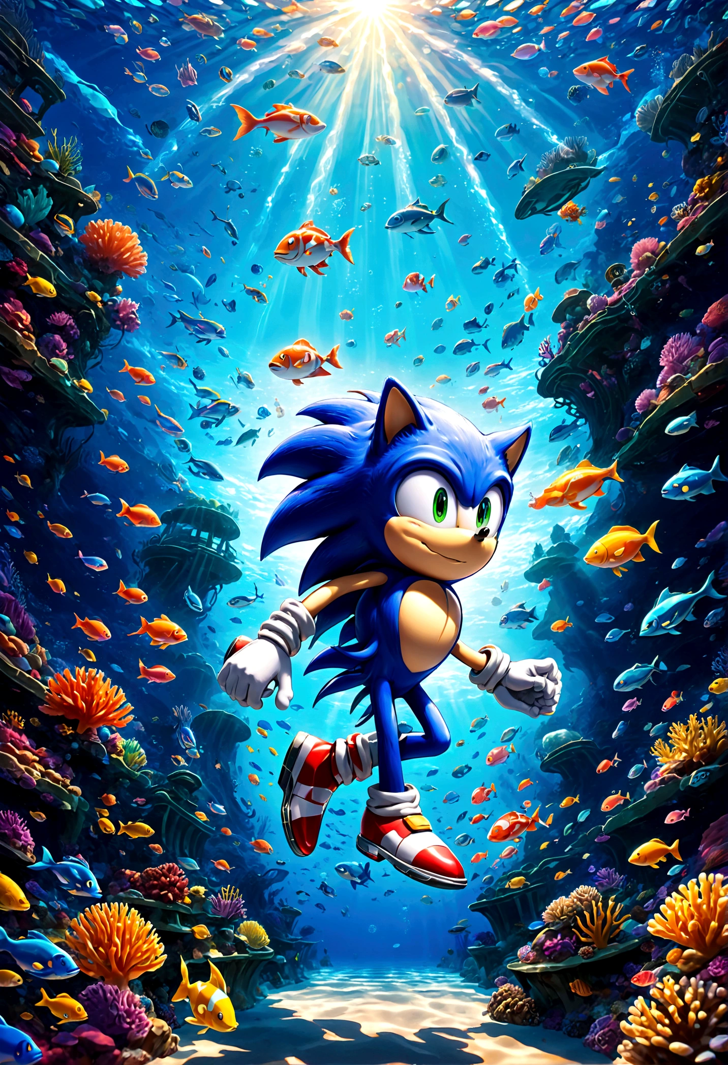 Sonic the Hedgehog, Sonic dons special diving gear and dives into the depths of the ocean world. He glides alongside colorful schools of fish, traverses coral reef mazes, searches for hidden treasures at the bottom of the sea, while avoiding attacks from underwater creatures, solo, Running readiness, Running towards the viewer, Motion Blur, action-lines, speed-lines, anime screenshot, source_anime, dramatic composition, cinematic dynamic action scene, vibrant colors, cinematic lighting, dramatic lighting, best quality, masterpiece, very aesthetic, perfect composition, intricate details, ultra-detailed