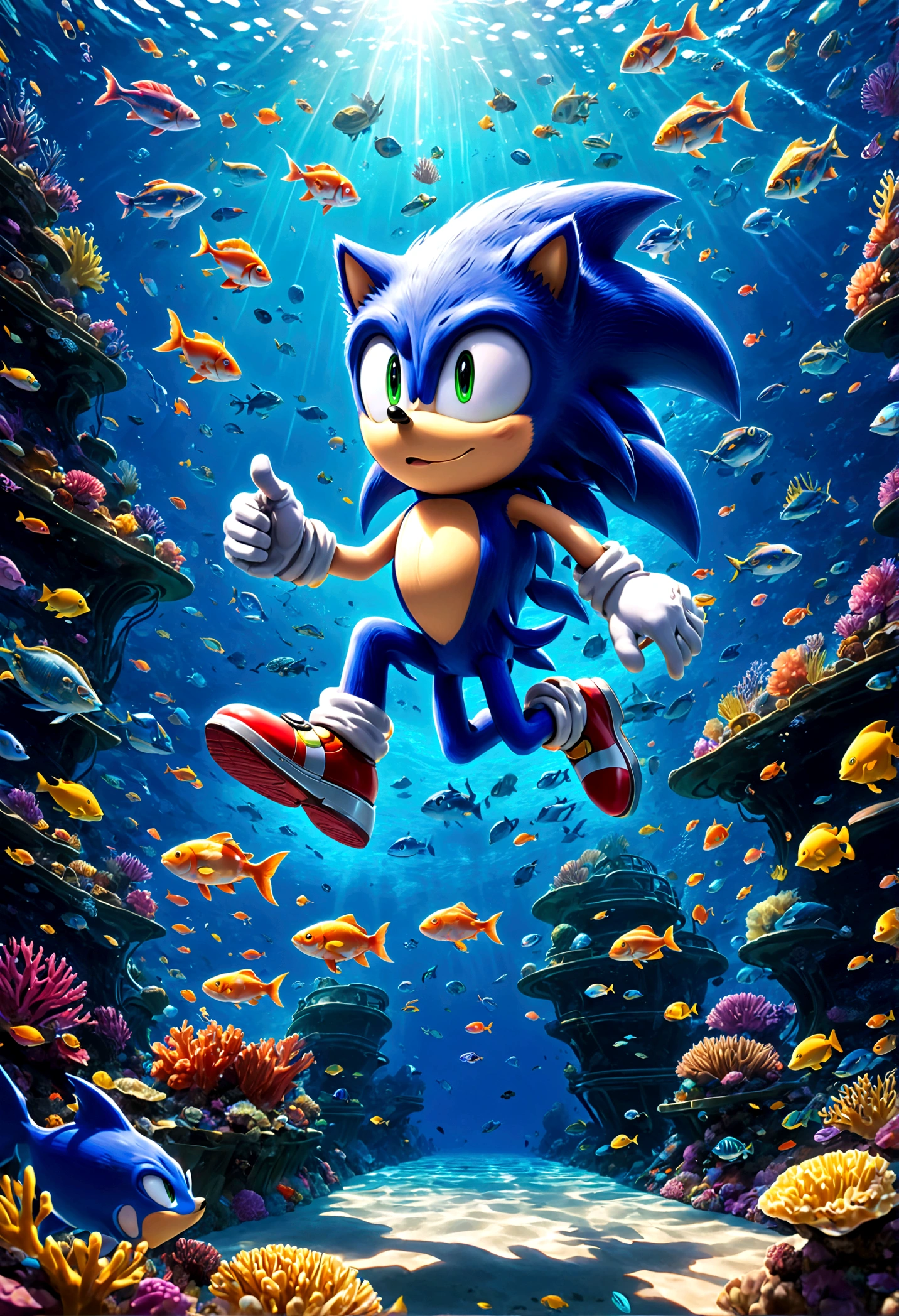 Sonic the Hedgehog, Sonic dons special diving gear and dives into the depths of the ocean world. He glides alongside colorful schools of fish, traverses coral reef mazes, searches for hidden treasures at the bottom of the sea, while avoiding attacks from underwater creatures, solo, Running readiness, Running towards the viewer, Motion Blur, action-lines, speed-lines, anime screenshot, source_anime, dramatic composition, cinematic dynamic action scene, vibrant colors, cinematic lighting, dramatic lighting, best quality, masterpiece, very aesthetic, perfect composition, intricate details, ultra-detailed