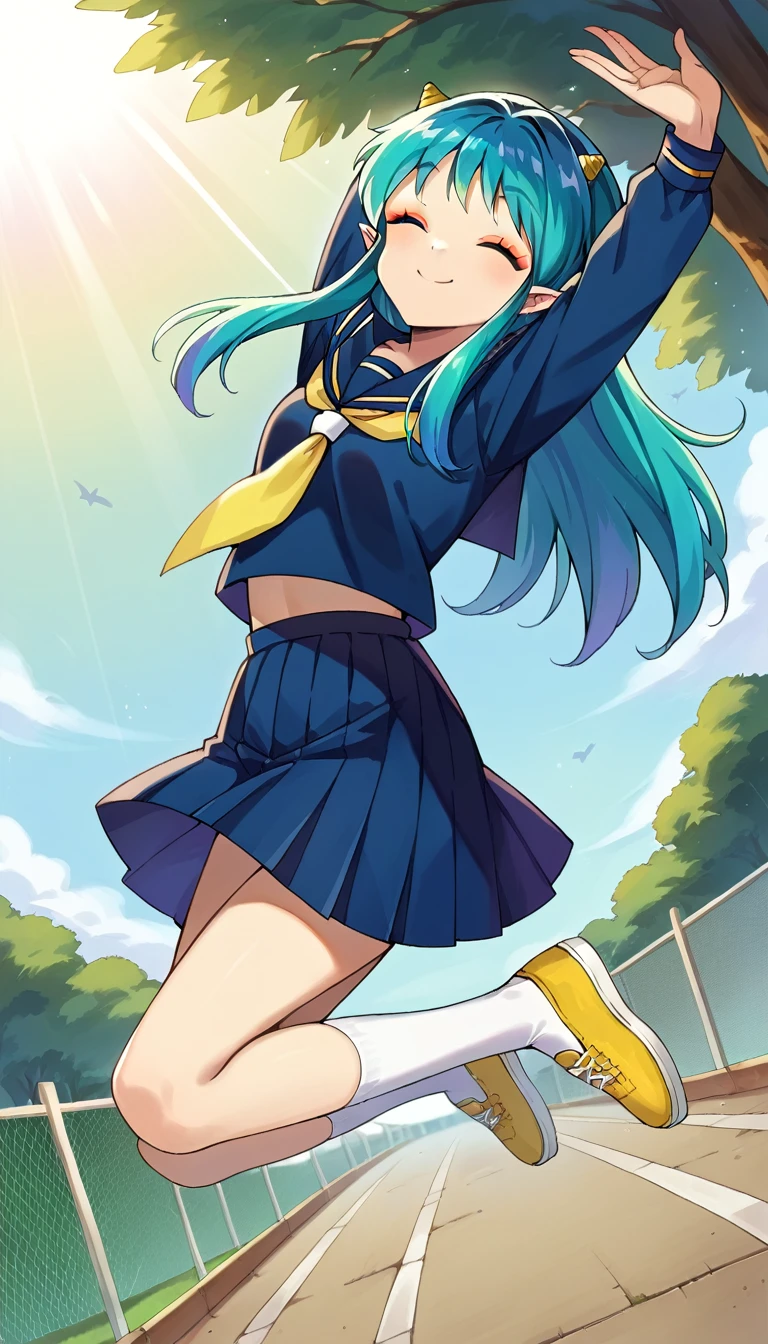 score_9, score_8_up, score_7_up, ((absurdres)), source_anime, uruseiyatsuralum, 1girl, lum, , solo, all alone, long hair, bangs, blue hair, orange eyes, pointy ears, aqua hair, short oni horns, eyeshadow, long sleeves, navy serafuku, sailor collar, yellow neckerchief, blue shirt, blue sailor collar, blue skirt, outdoors, neighborhood, (flying), (in the air), looking at viewer, ((legs closed, leaping)), sidewalk, fence, sunlight, godray, dutch angle, smiling