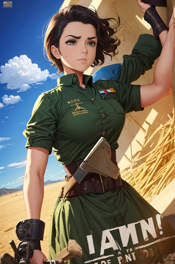 Arte Inspirada John Buscema, World War II poster, vemos uma enfermeira (1mulher)segurando uma pasta, uniforme hospitalar perfeito, short hair up to the shoulders, cor negro, olhos verdes claros, seios pequenos, corpo delgado, imponente em uma tenda hospitalar no Fronte, Cannon fire, A scene showing seriousness and conviction,peitos grandes,de baixo pra cima