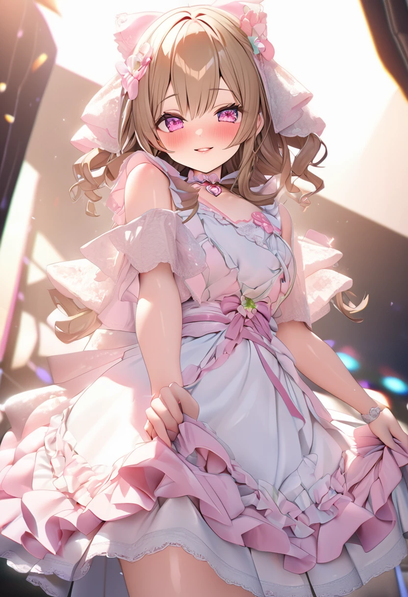 One Girl、Gazing at the audience、
Beautiful pink eyes、Brown double hair bunole under the eye、Plump and glossy lips、Heart-shaped choker、Idol、smile、ー、。。。。。。。。。。。。。。。。。。。。。。。。。。。。。。。。3D、Real、
Only for princess dresses with too many frills、Draped clothes、gem、The decoration has been removed、Floral、Lace trim、Bright Stage、
masterpiece、Highest quality、8k、Detailed skin texture、Detailed cloth texture、Beautifully detailed face、Intricate details、Very detailed、
Ultra-high resolution、8K Ultra HD、Film Grain、Best Shadow、delicate、Gazing at the audience、front