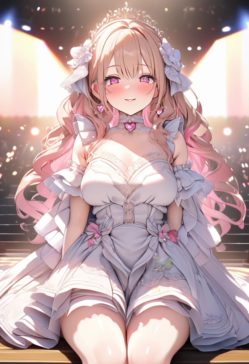 One Girl、Gazing at the audience、
Beautiful pink eyes、Brown double hair bunole under the eye、Plump and glossy lips、Heart-shaped choker、Idol、smile、ー、。。。。。。。。。。。。。。。。。。。。。。。。。。。。。。。。3D、Real、
Only for princess dresses with too many frills、Draped clothes、gem、The decoration has been removed、Floral、Lace trim、Bright Stage、
masterpiece、Highest quality、8k、Detailed skin texture、Detailed cloth texture、Beautifully detailed face、Intricate details、Very detailed、
Ultra-high resolution、8K Ultra HD、Film Grain、Best Shadow、delicate、Gazing at the audience、front