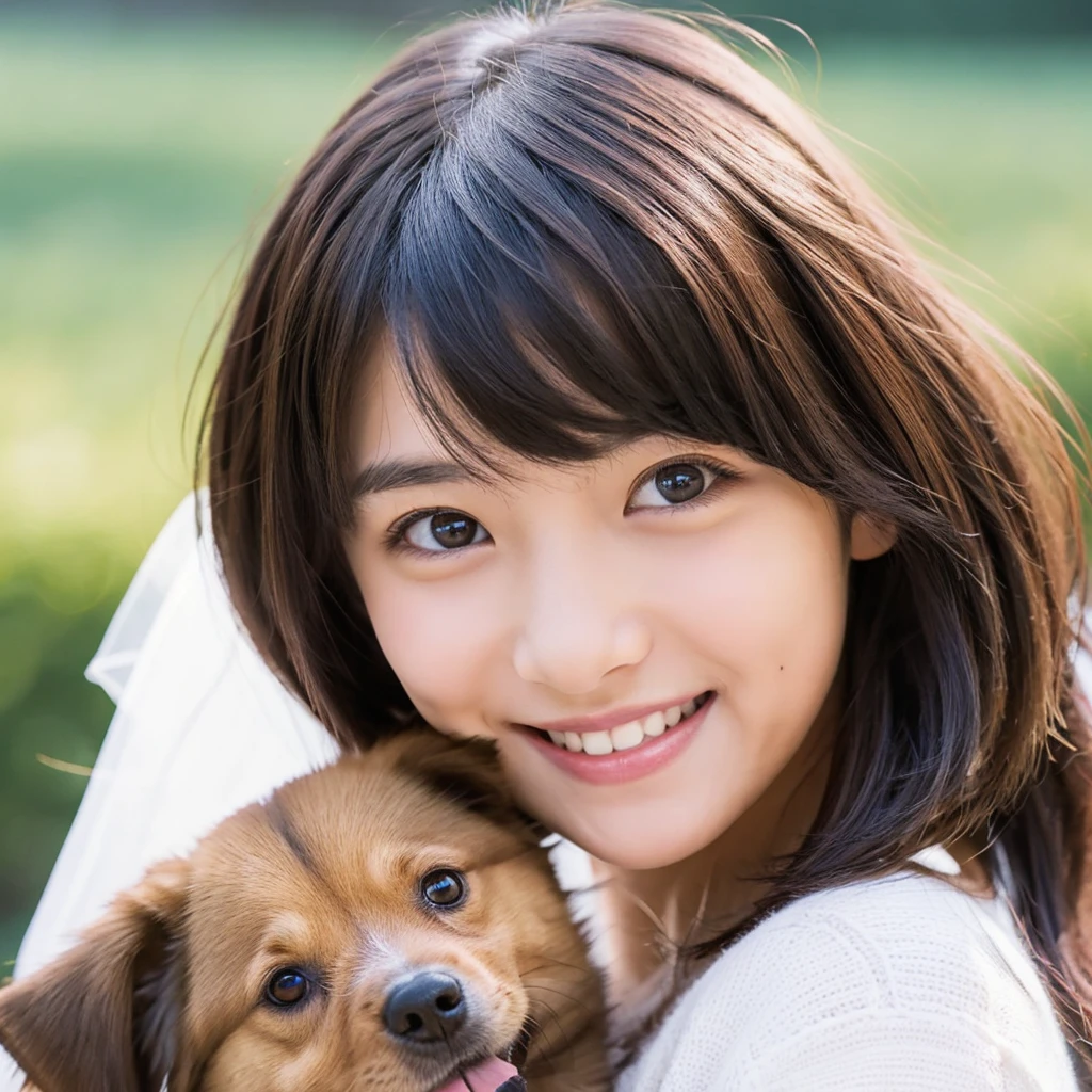 Create an anime-style portrait of a Japanese girl。Her hair is short and dark brown。The girl has a gentle smile。She looks loving、Holding a cute dog、It's a scene that evokes warmth and camaraderie.。Background、It should be a blend of warm and cool colors that complement the overall composition.。She is wearing a light blue dress with intricate details.、Gives an elegant impression。The overall atmosphere of the piece is bright and attractive.、Capture the girl's kind and friendly personality。